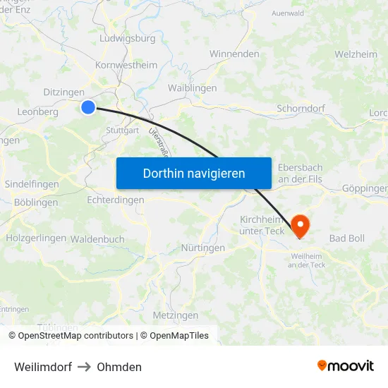 Weilimdorf to Ohmden map