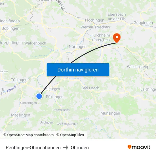 Reutlingen-Ohmenhausen to Ohmden map