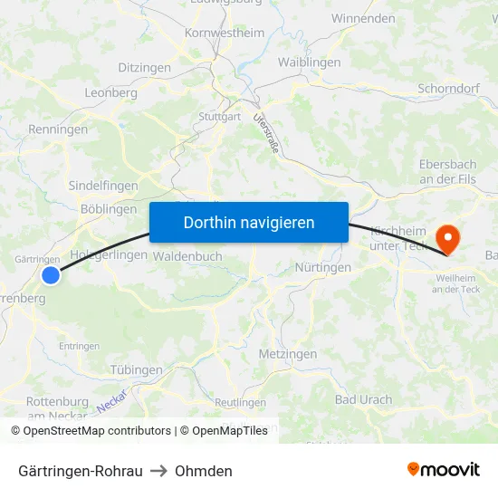 Gärtringen-Rohrau to Ohmden map