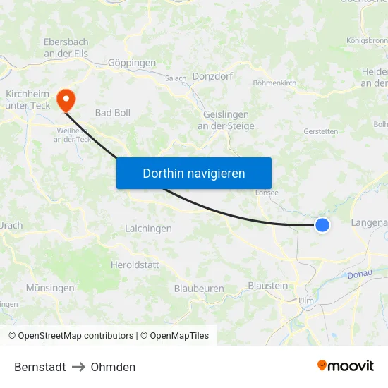 Bernstadt to Ohmden map