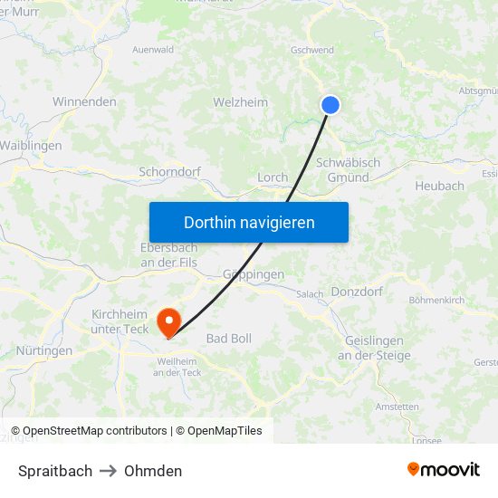 Spraitbach to Ohmden map