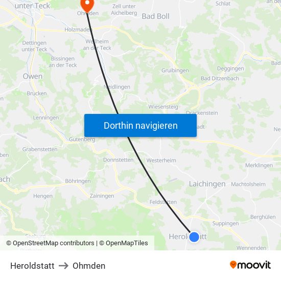 Heroldstatt to Ohmden map