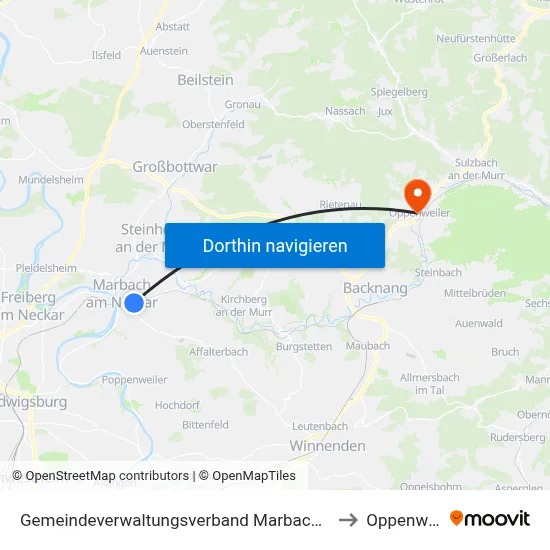 Gemeindeverwaltungsverband Marbach am Neckar to Oppenweiler map