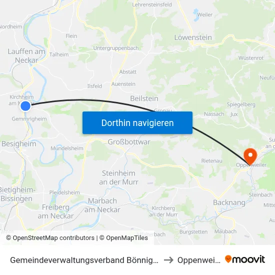 Gemeindeverwaltungsverband Bönnigheim to Oppenweiler map
