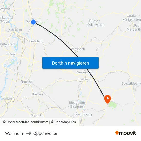 Weinheim to Oppenweiler map