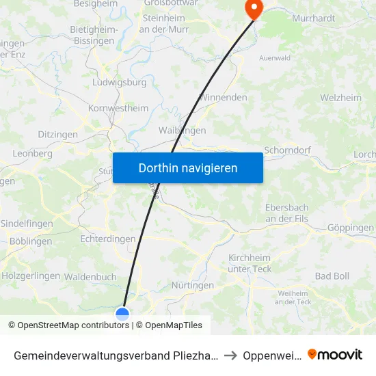 Gemeindeverwaltungsverband Pliezhausen to Oppenweiler map