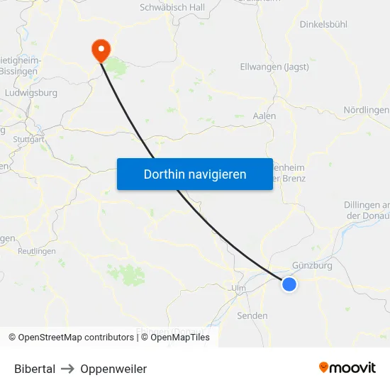 Bibertal to Oppenweiler map