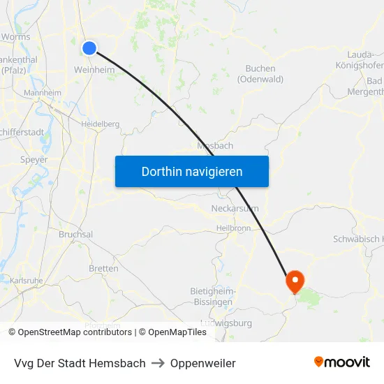 Vvg Der Stadt Hemsbach to Oppenweiler map