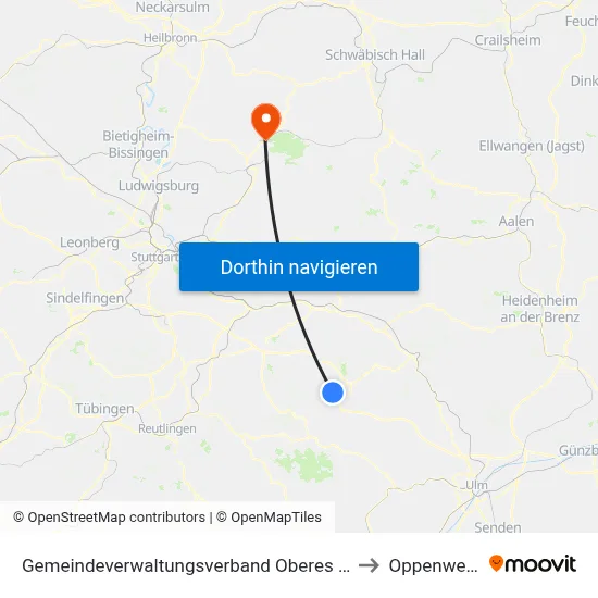 Gemeindeverwaltungsverband Oberes Filstal to Oppenweiler map