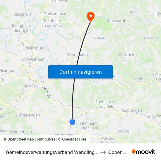 Gemeindeverwaltungsverband Wendlingen am Neckar to Oppenweiler map
