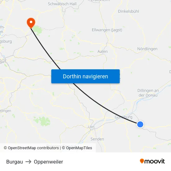 Burgau to Oppenweiler map