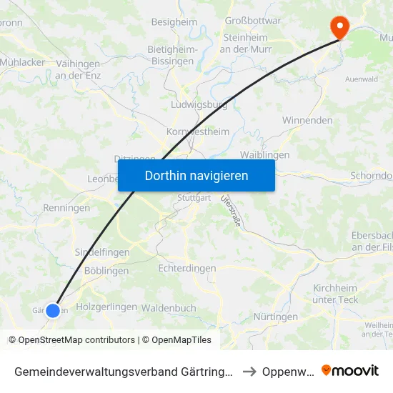 Gemeindeverwaltungsverband Gärtringen/Ehningen to Oppenweiler map
