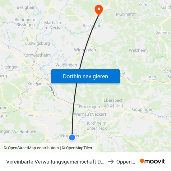 Vereinbarte Verwaltungsgemeinschaft Der Stadt Nürtingen to Oppenweiler map