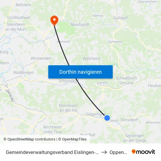 Gemeindeverwaltungsverband Eislingen-Ottenbach-Salach to Oppenweiler map