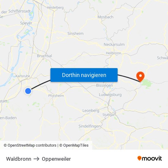 Waldbronn to Oppenweiler map