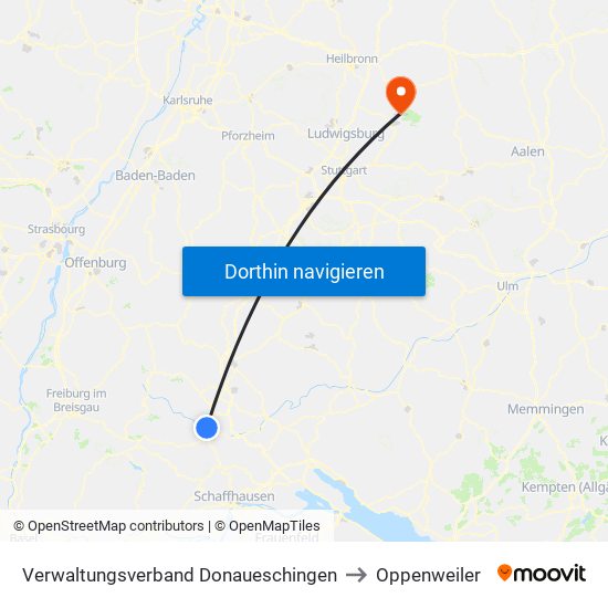 Verwaltungsverband Donaueschingen to Oppenweiler map