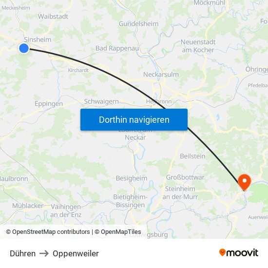 Dühren to Oppenweiler map