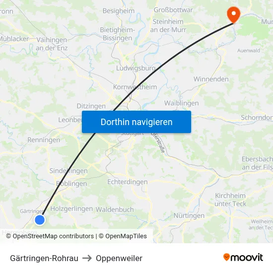 Gärtringen-Rohrau to Oppenweiler map