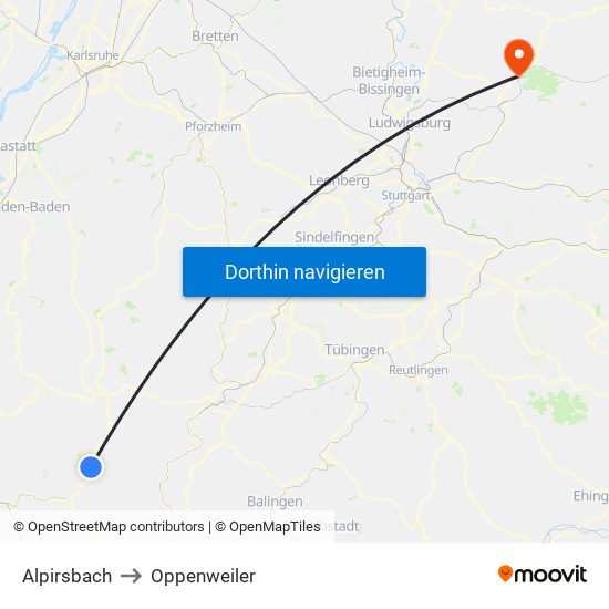 Alpirsbach to Oppenweiler map