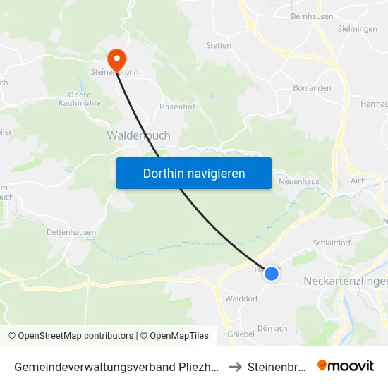 Gemeindeverwaltungsverband Pliezhausen to Steinenbronn map