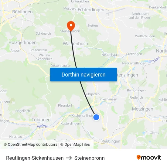 Reutlingen-Sickenhausen to Steinenbronn map