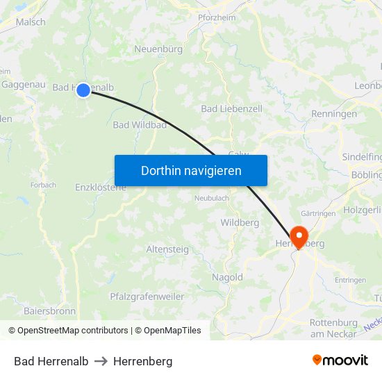 Bad Herrenalb to Herrenberg map