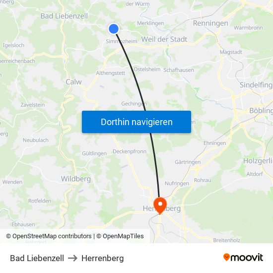 Bad Liebenzell to Herrenberg map