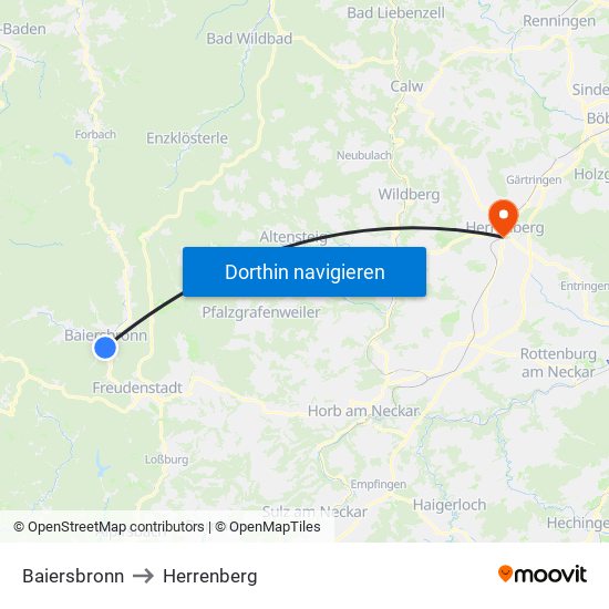 Baiersbronn to Herrenberg map