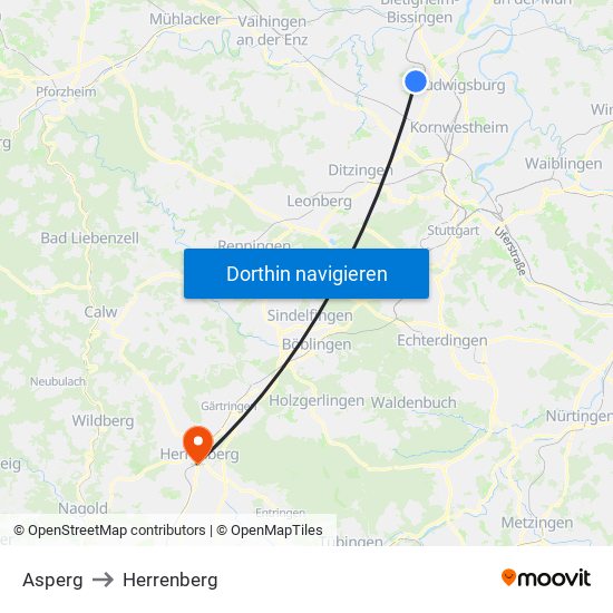 Asperg to Herrenberg map