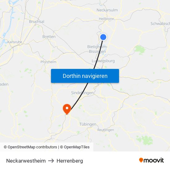 Neckarwestheim to Herrenberg map