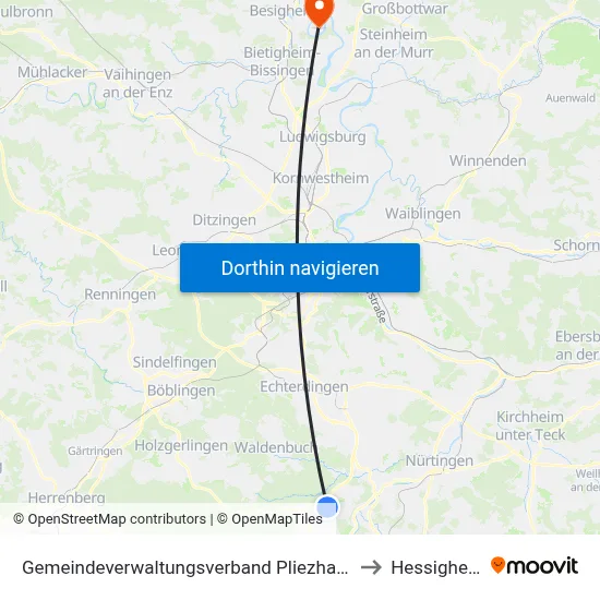 Gemeindeverwaltungsverband Pliezhausen to Hessigheim map