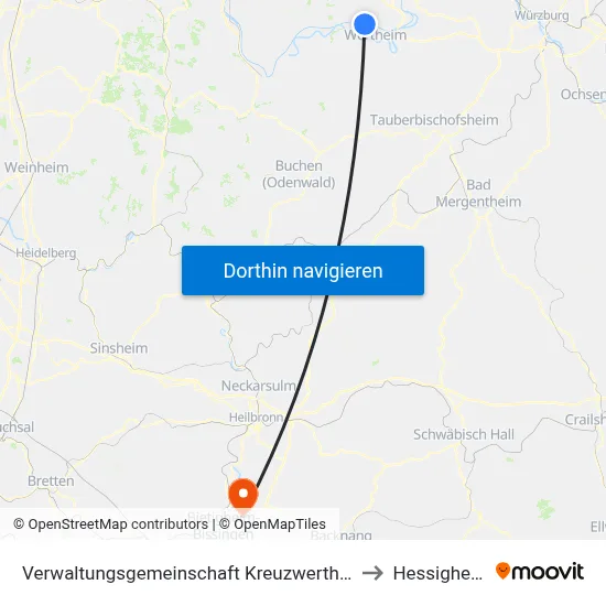 Verwaltungsgemeinschaft Kreuzwertheim to Hessigheim map