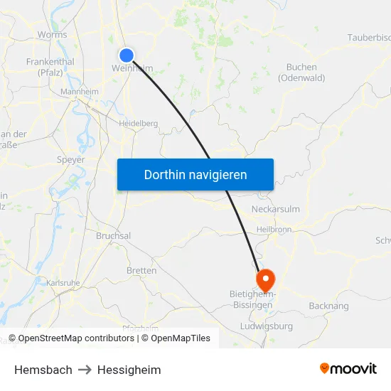 Hemsbach to Hessigheim map