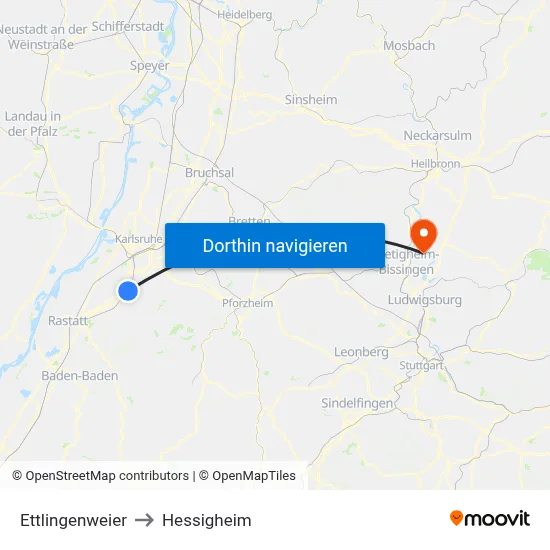 Ettlingenweier to Hessigheim map