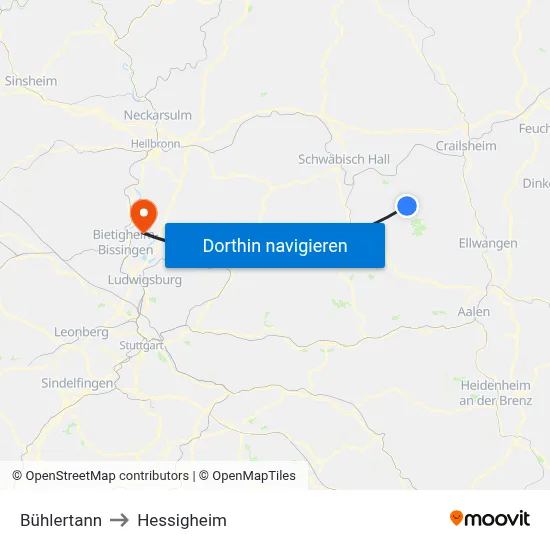 Bühlertann to Hessigheim map