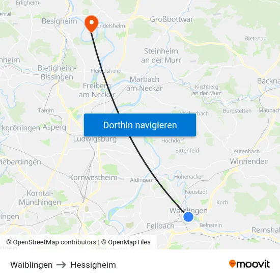 Waiblingen to Hessigheim map