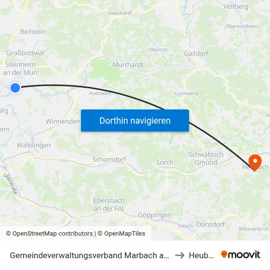 Gemeindeverwaltungsverband Marbach am Neckar to Heubach map