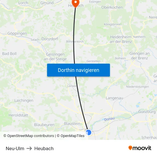 Neu-Ulm to Heubach map