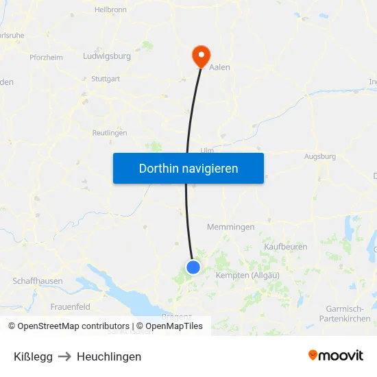Kißlegg to Heuchlingen map