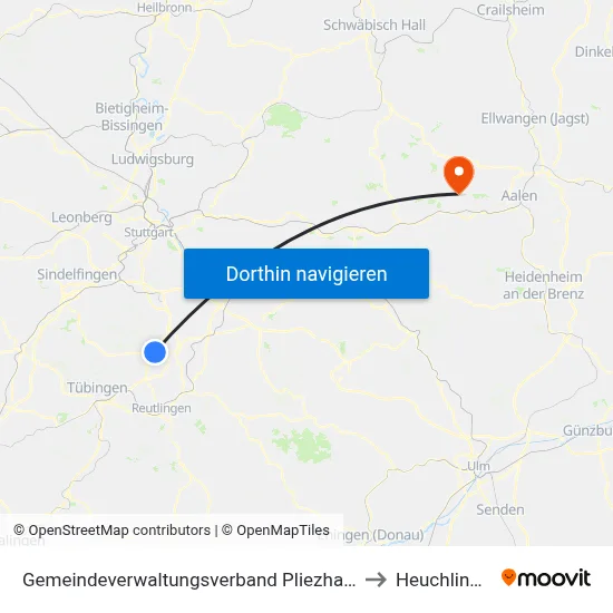 Gemeindeverwaltungsverband Pliezhausen to Heuchlingen map