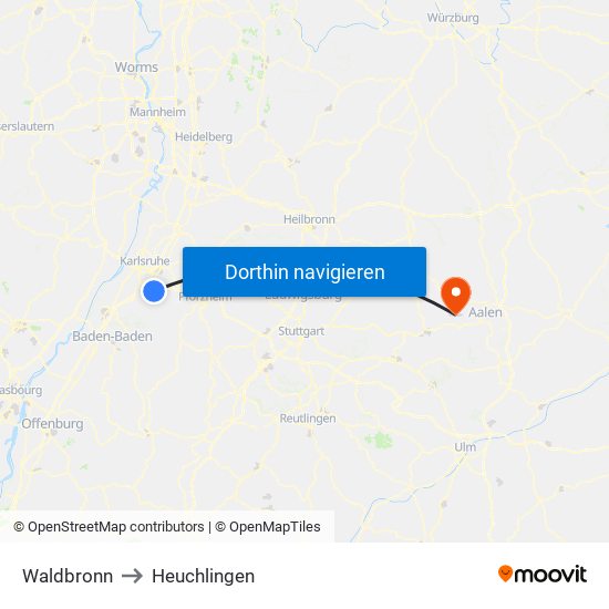 Waldbronn to Heuchlingen map