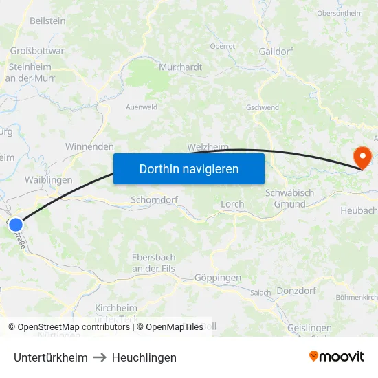 Untertürkheim to Heuchlingen map
