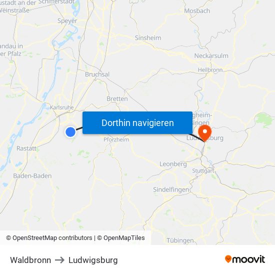 Waldbronn to Ludwigsburg map