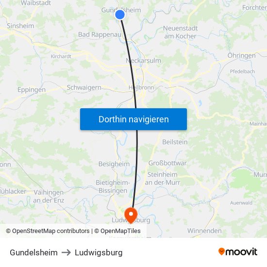 Gundelsheim to Ludwigsburg map