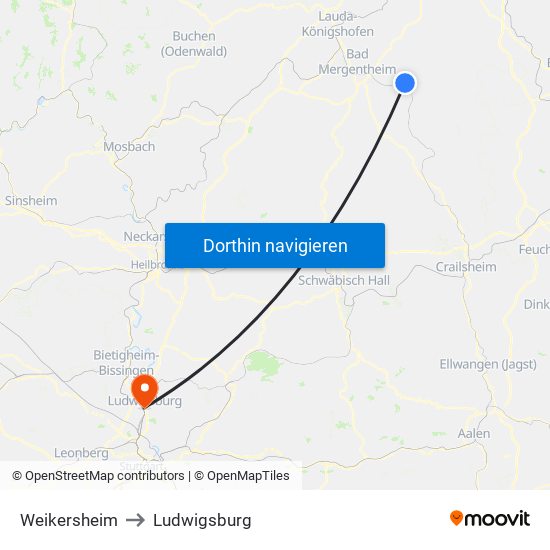 Weikersheim to Ludwigsburg map