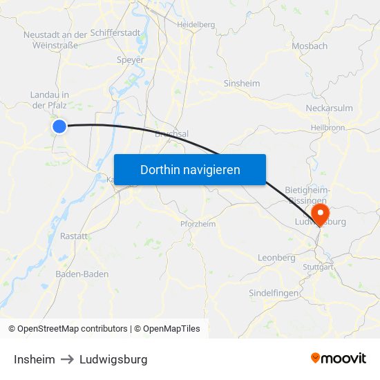 Insheim to Ludwigsburg map