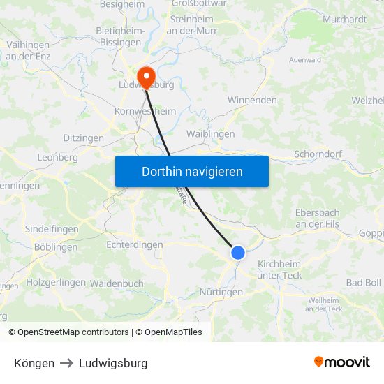 Köngen to Ludwigsburg map