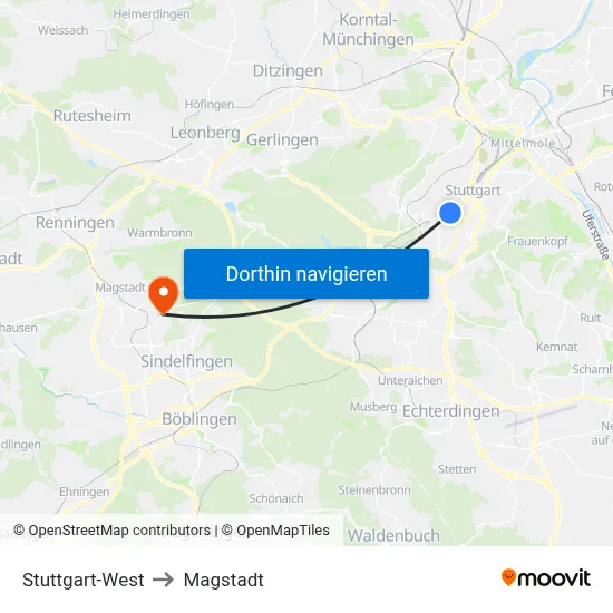 Stuttgart-West to Magstadt map
