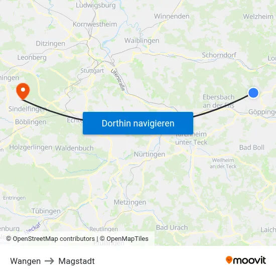 Wangen to Magstadt map