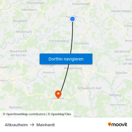 Altkrautheim to Mainhardt map